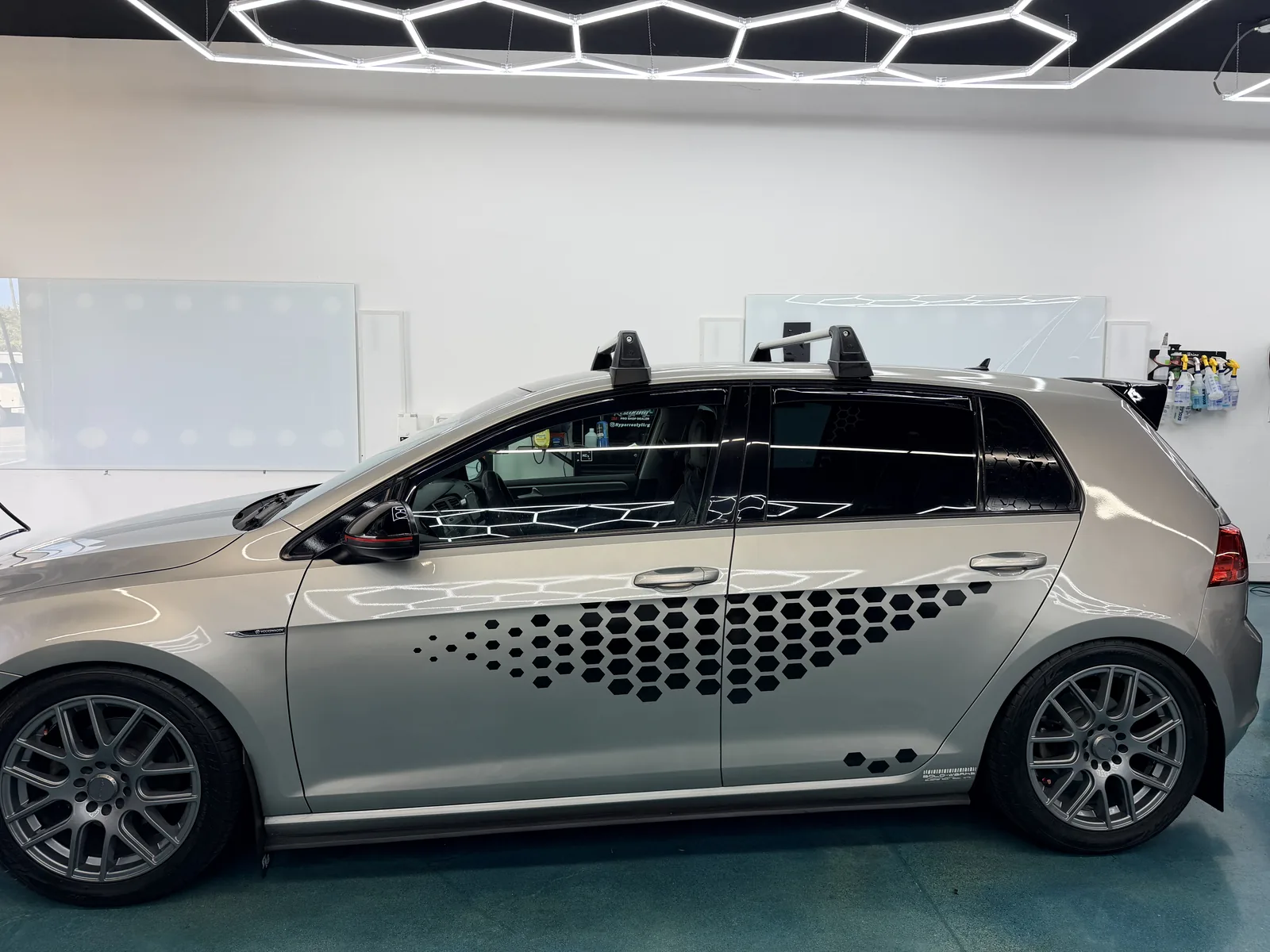VW Golf GTI with a honeycomb graphic we drew and cut in house
